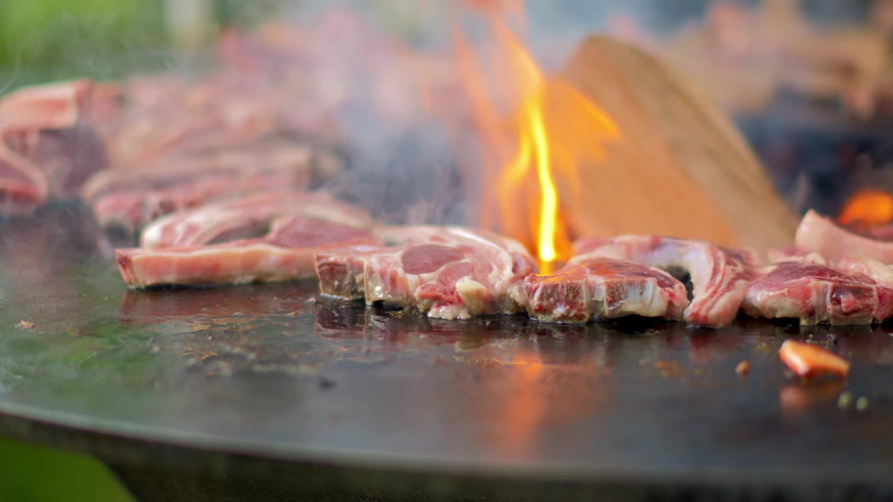 肉在烧烤环上滋滋作响视频素材