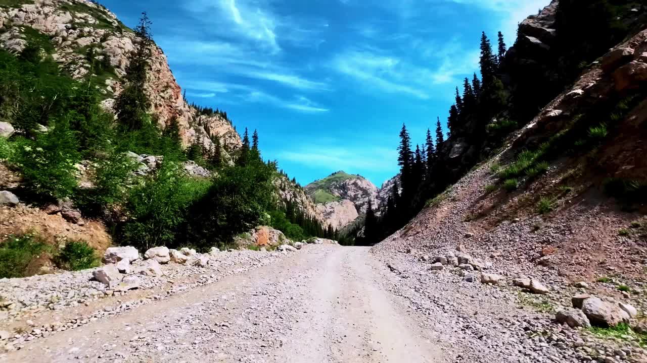 在一个阳光明媚的夏日早晨，我正驶向森林密布的山区视频素材