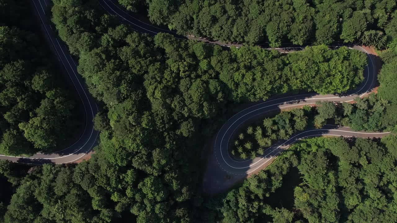 弯弯曲曲的柏油路在山上。鸟瞰图的道路穿过山和绿色的森林。视频素材