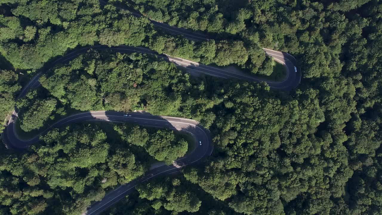 弯弯曲曲的柏油路在山上。鸟瞰图的道路穿过山和绿色的森林。视频素材