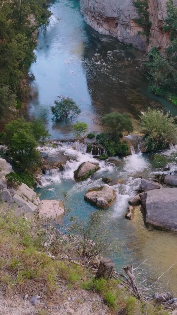 岩石河的景象，流动的水和两岸郁郁葱葱的植被。视频下载