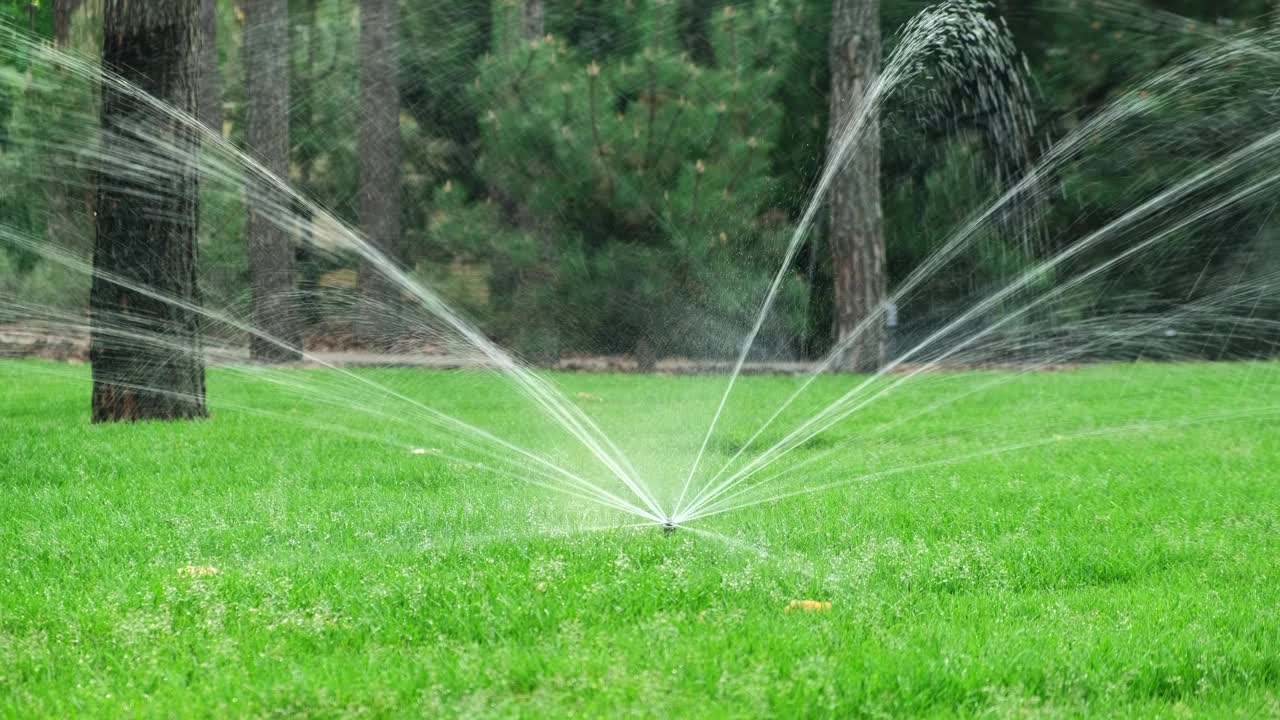 草坪洒水。草地灌溉视频下载