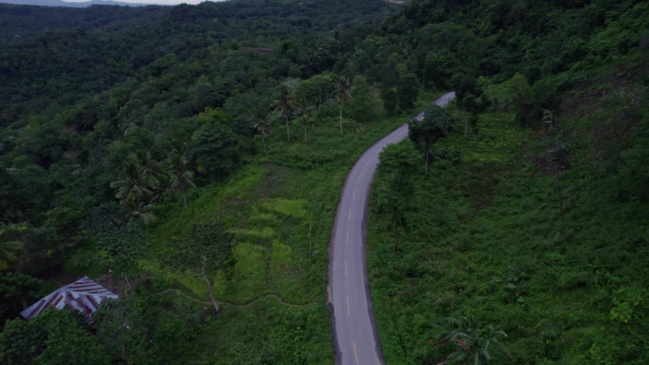 鸟瞰印尼松巴岛的绿色植物、道路、房屋。视频素材