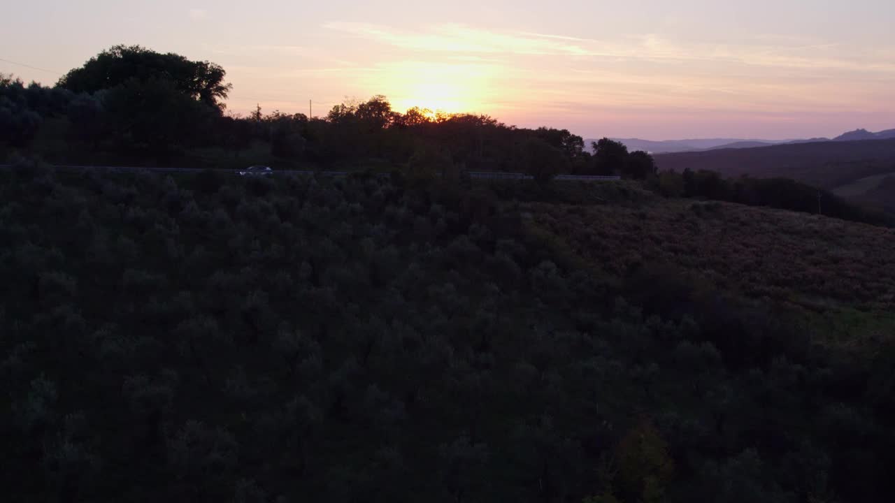 鸟瞰日落时意大利乡村蜿蜒的道路和橄榄树。视频素材