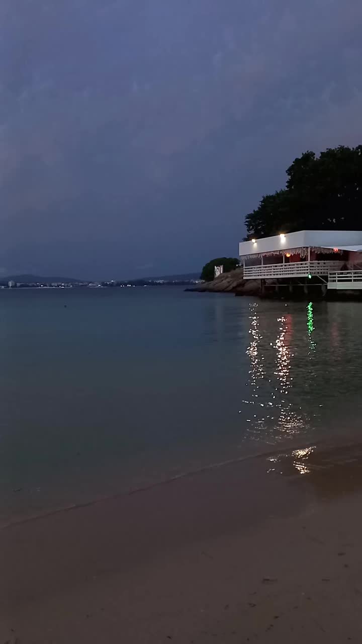 海滩咖啡馆在深夜灯光下的景色。在海边的餐厅度过愉快的夜晚。餐厅的灯光反射在水面上。温暖的夏夜。垂直视频视频下载