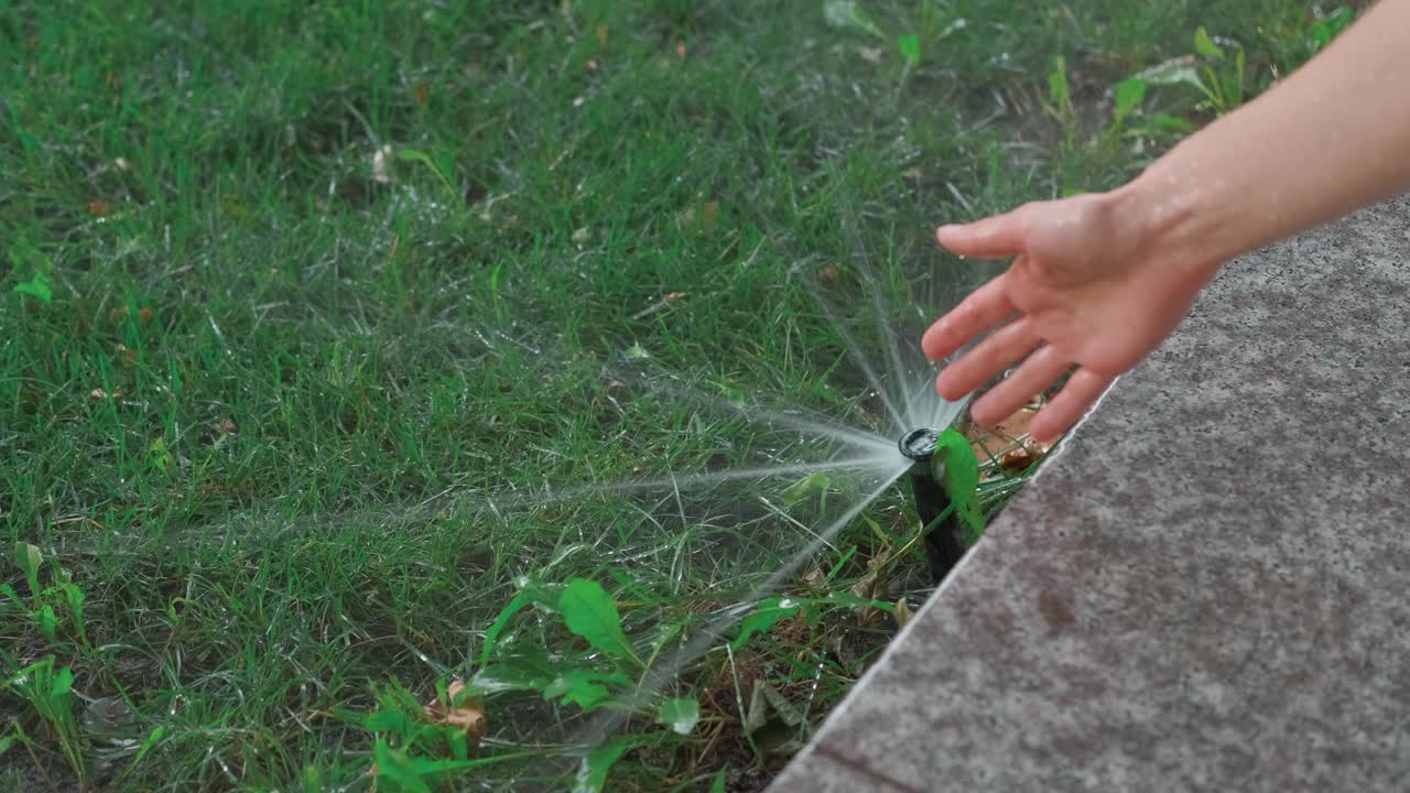 洒水系统在阳光明媚的日子里主动浇灌混凝土边界附近的草坪。视频素材