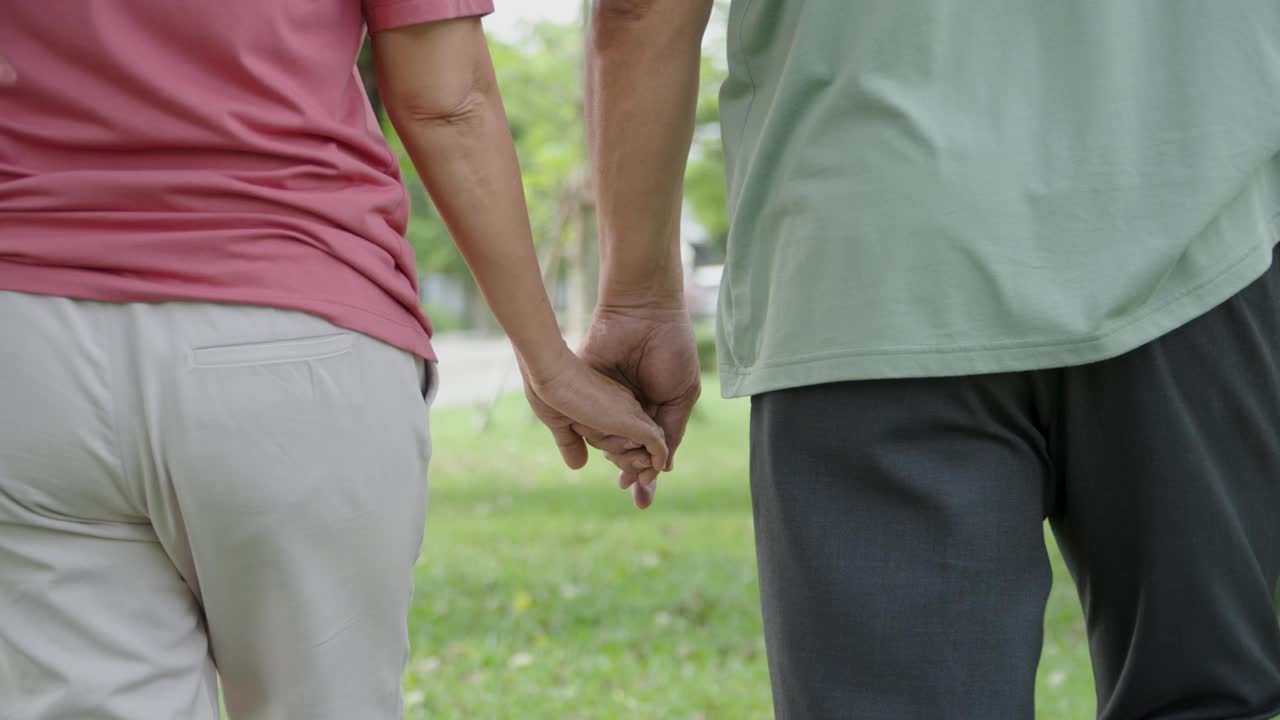 亚洲老年夫妇手牵着手在花园里散步。视频下载