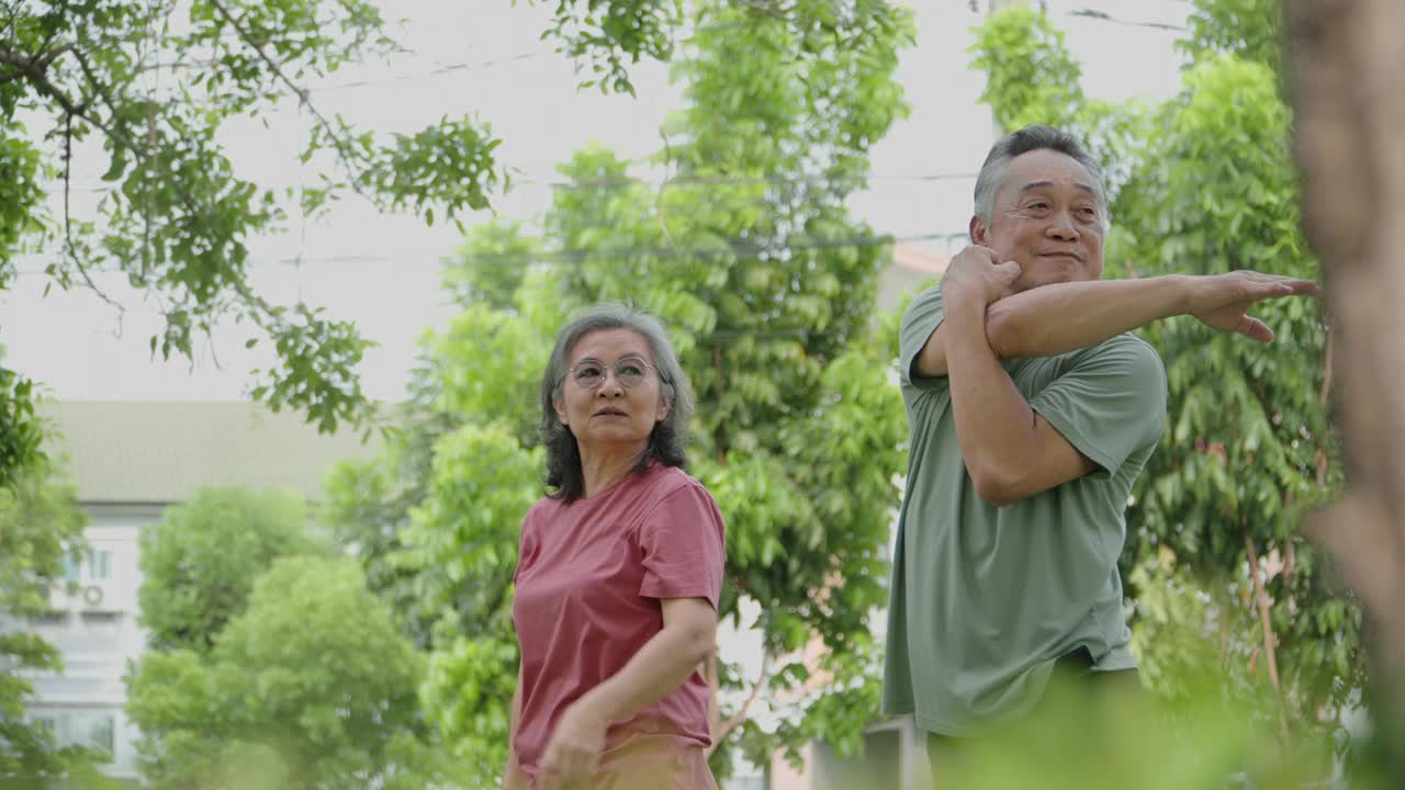 活跃的亚洲老年夫妇在公园或花园户外运动。视频下载