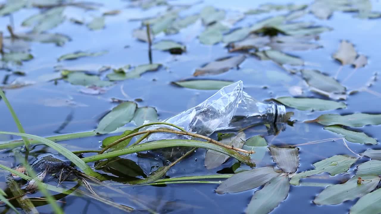 一个废弃的瓶子漂浮在湖面上视频素材