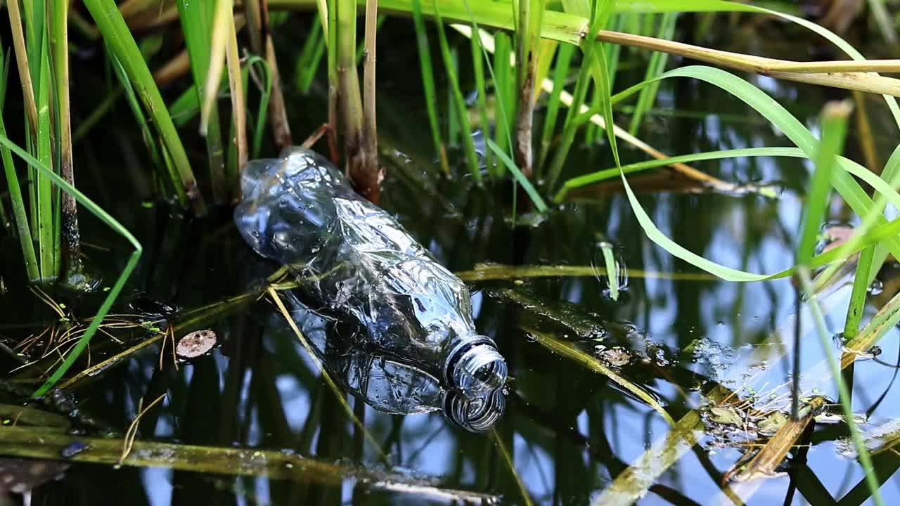 一个废弃的瓶子漂浮在湖面上视频素材