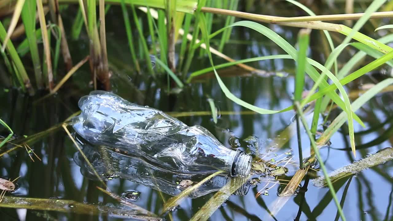 一个废弃的瓶子漂浮在湖面上视频素材