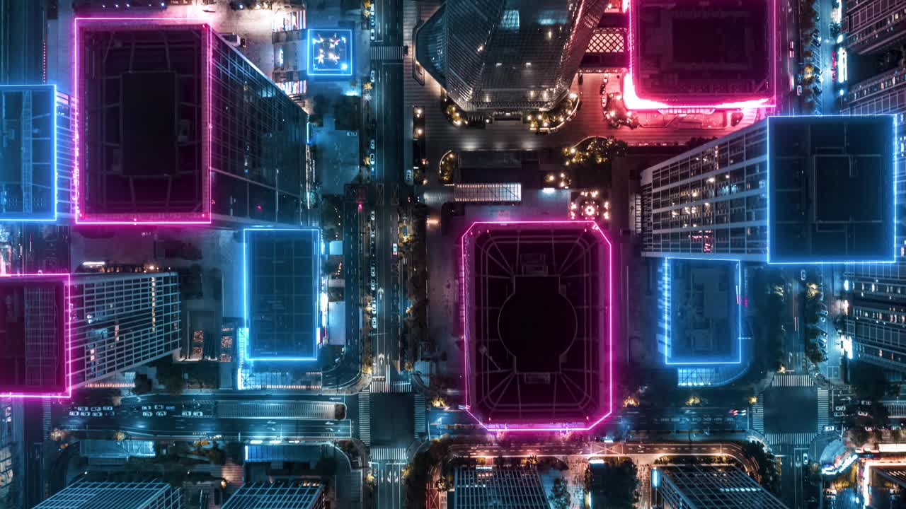 城市景观和摩天大楼夜间鸟瞰图/数据网络连接技术概念视频购买