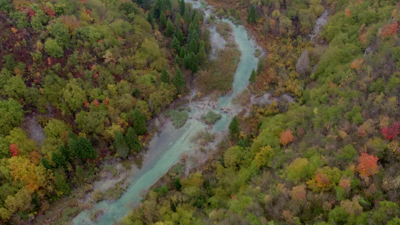 鸟瞰秋天的森林和河流，克罗地亚普利特维采国家公园。视频素材