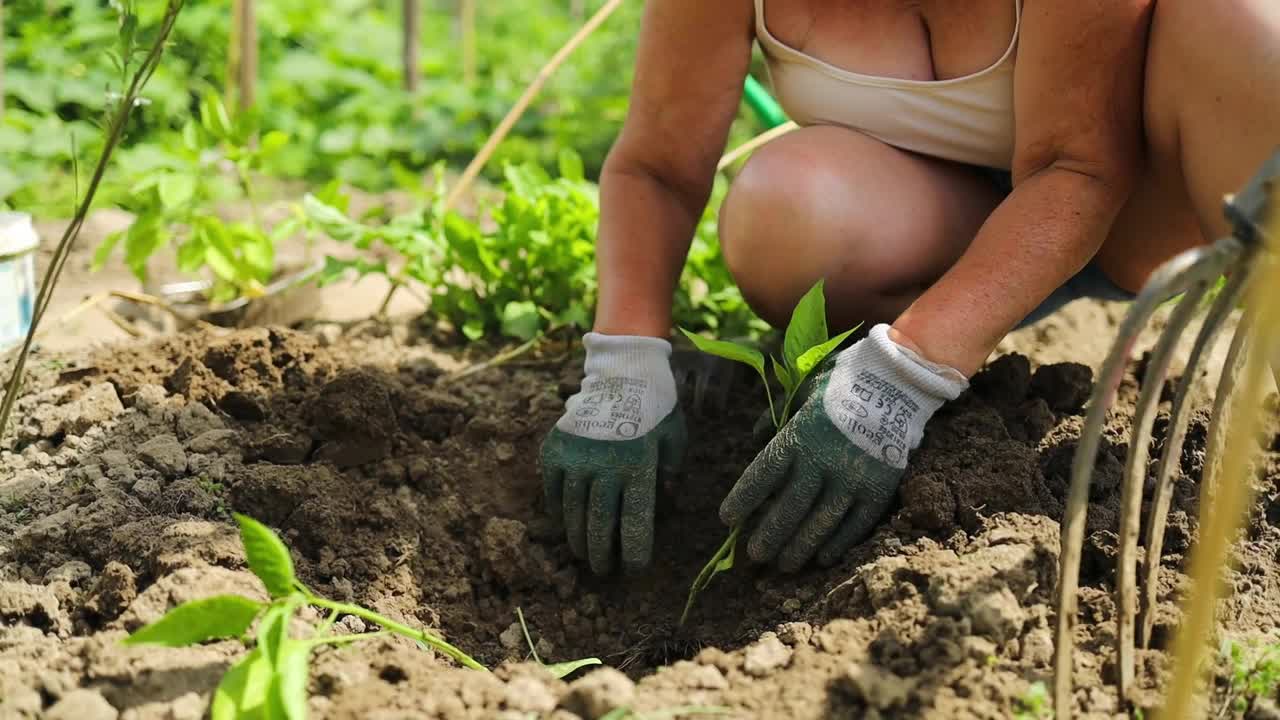 人类的双手在照料土壤中的幼苗。夏天花园里的新芽在阳光明媚的日子里发芽。蔬菜辣椒和茄子芽准备落地。在空地上种苗。园艺概念，春天。视频素材