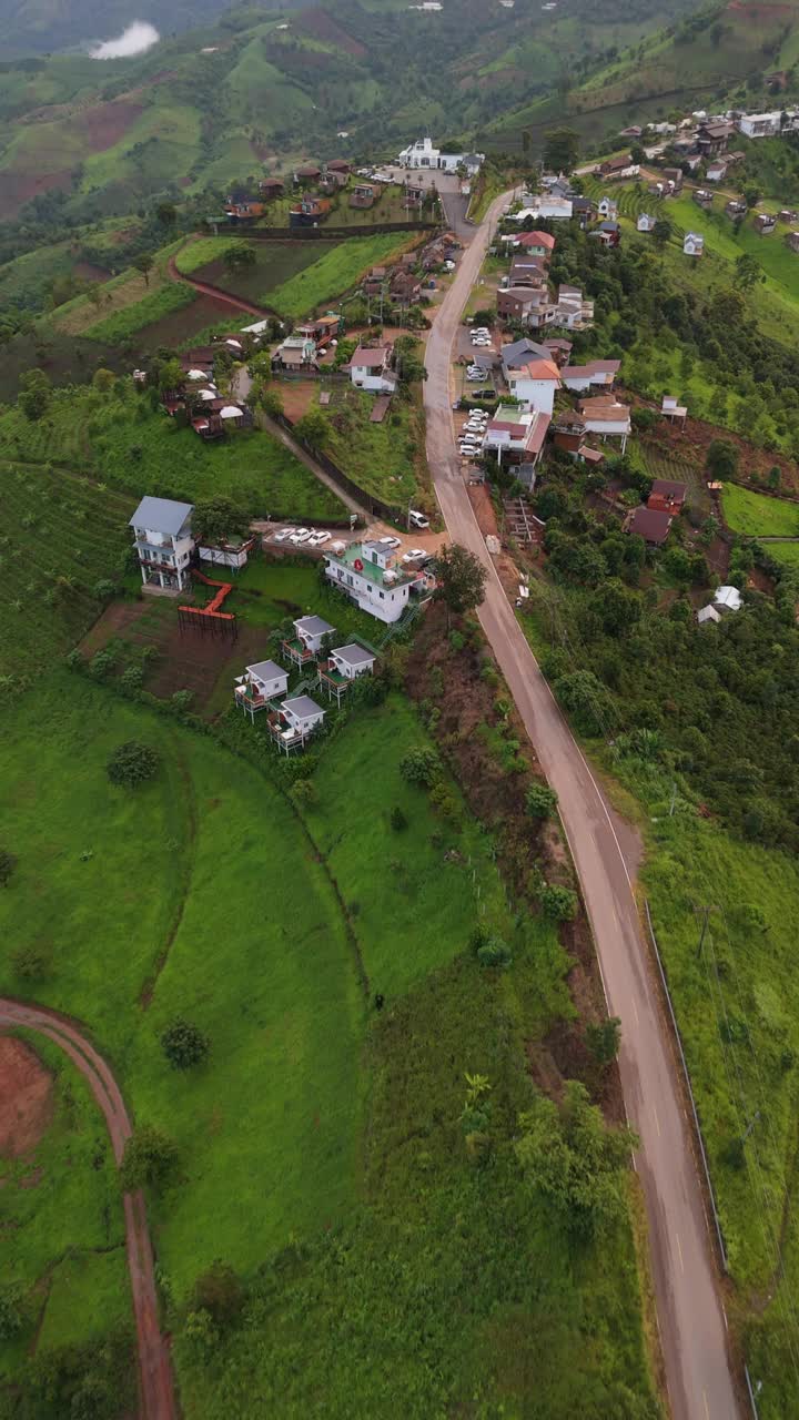 航拍照片展示了一个风景如画的山村，现代的房子，郁郁葱葱的绿色植物，蜿蜒的道路穿过景观，垂直镜头。视频下载