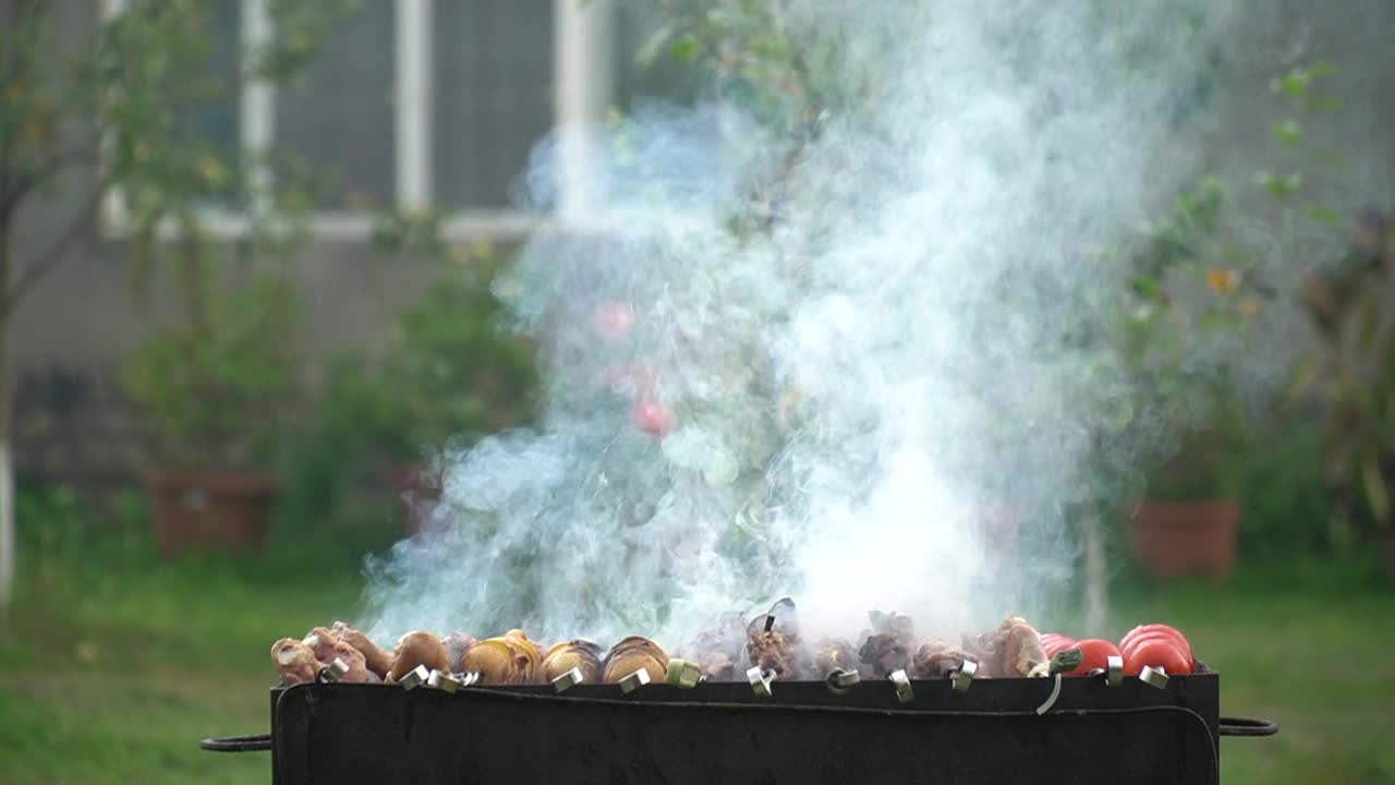 在烤架上烤羊肉串视频素材