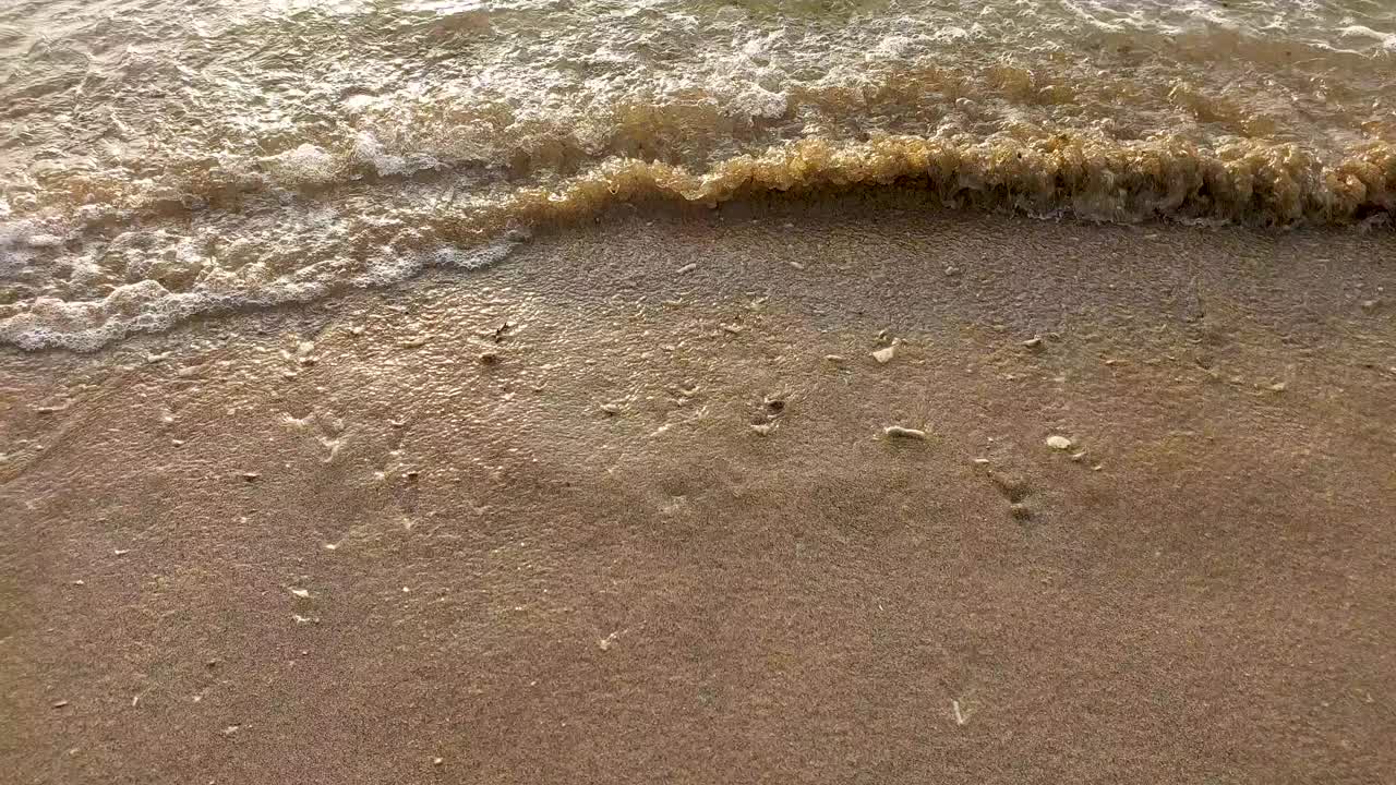 海滩平静，海浪令人放松。海浪拍打着沙滩上的泡沫。视频素材