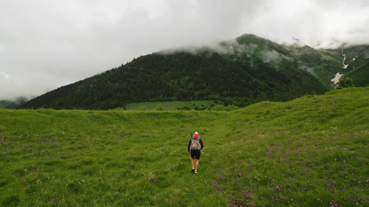 男性背包客攀登高山草甸。徒步旅行者探索自然，享受冒险和户外活动。风景优美的绿色景观与雾山。充满活力的生活方式和旅行。空中视频素材