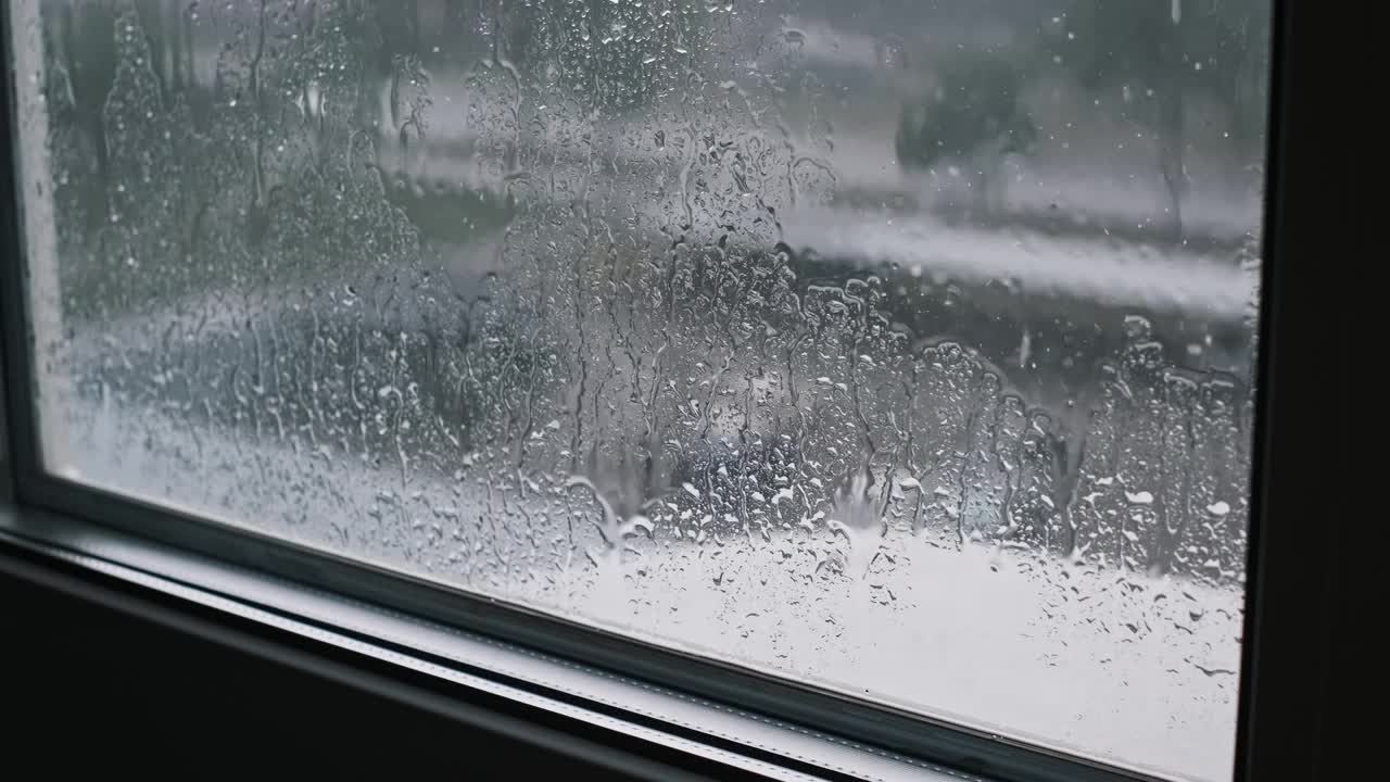 雨在窗户上，森林背景视频素材