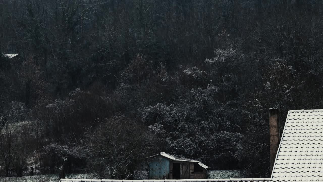 农村下雪了。冬天的乡村风景电影化的样子。色彩渐变的乡村冬季场景。一个村庄的冬季景观。农村地区下雪视频下载