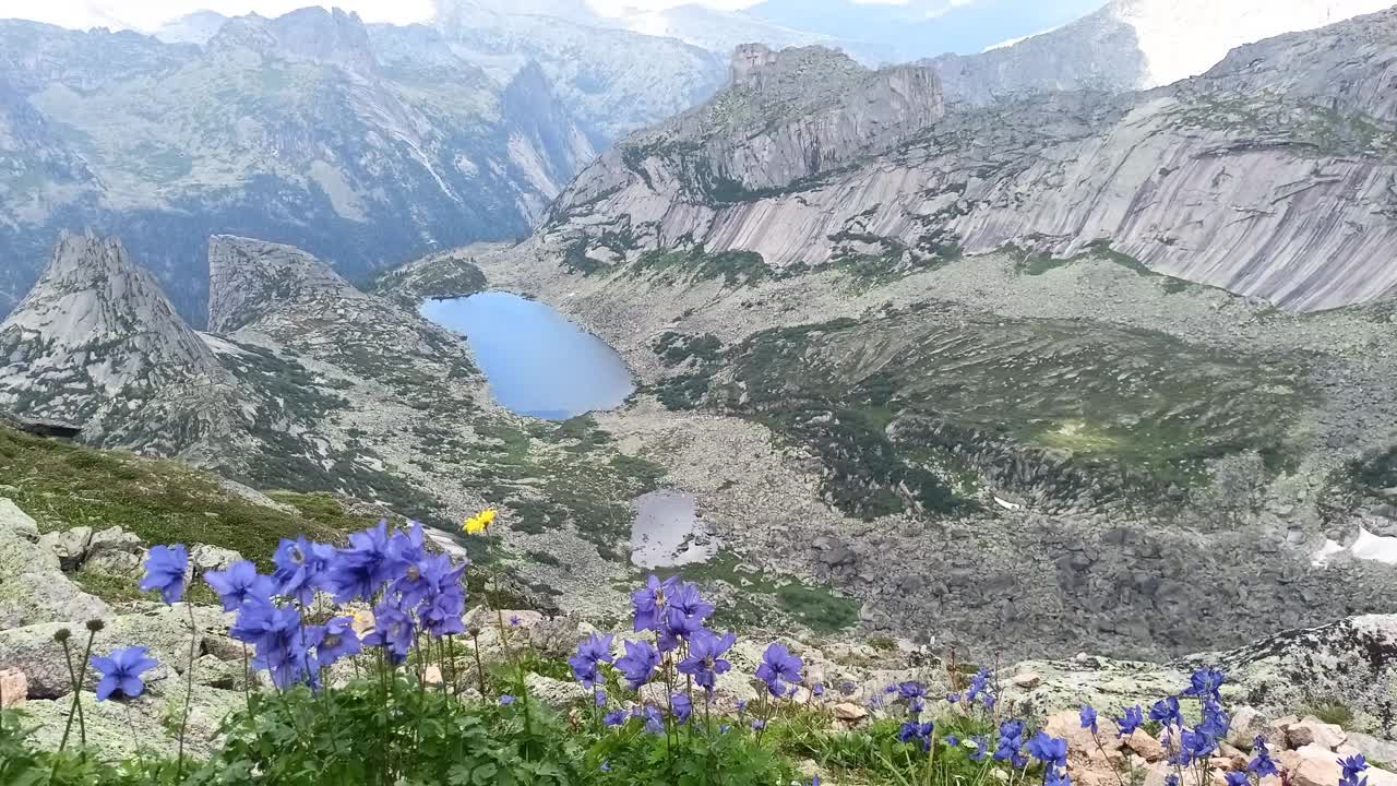 在群山环绕的低地上，悬崖顶上的蓝花蕾随风摇曳，俯瞰着风景如画的湖泊。视频下载