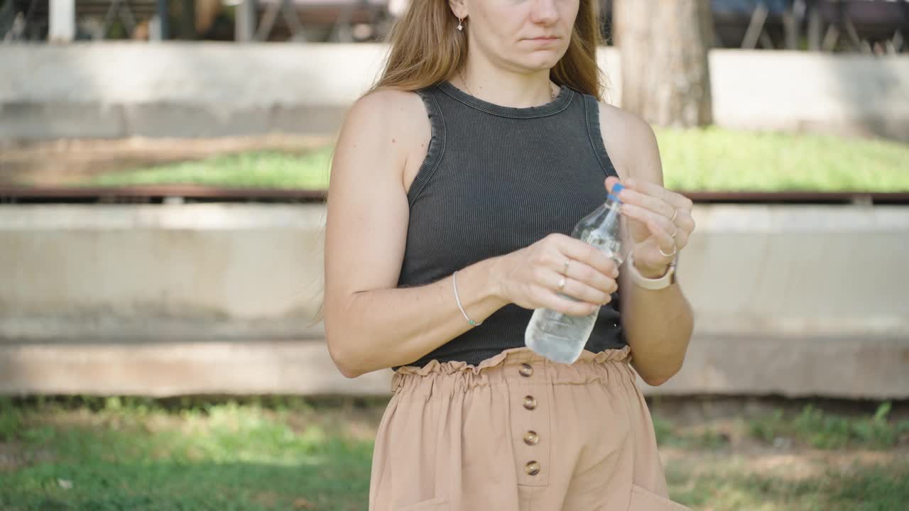 清爽补水，一位年轻女子在户外喝水。阳光明媚的日子和郁郁葱葱的环境增强了这一刻。视频素材