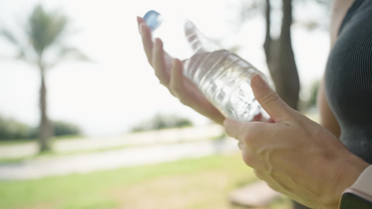 解渴，一位年轻女子正在喝清凉饮料。户外环境增强了体验。视频素材