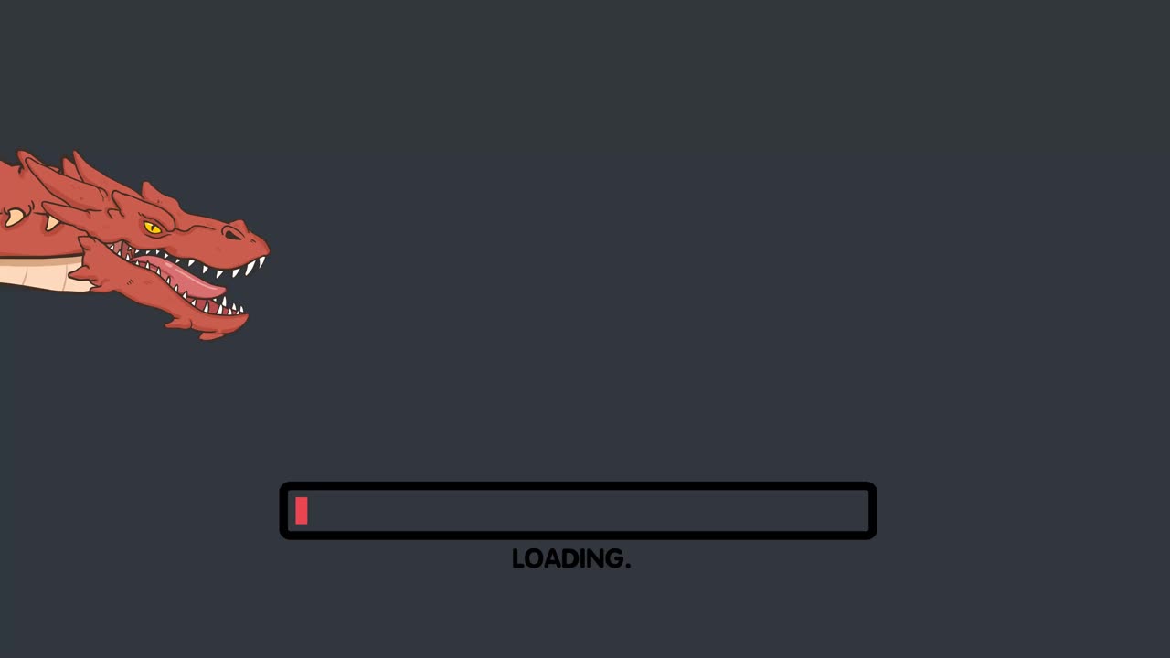 在黑绿背景下加载卡通动画视频|动物主题|喷火龙|下载进度，预加载动画网页设计模板。无缝循环动画4K视频素材