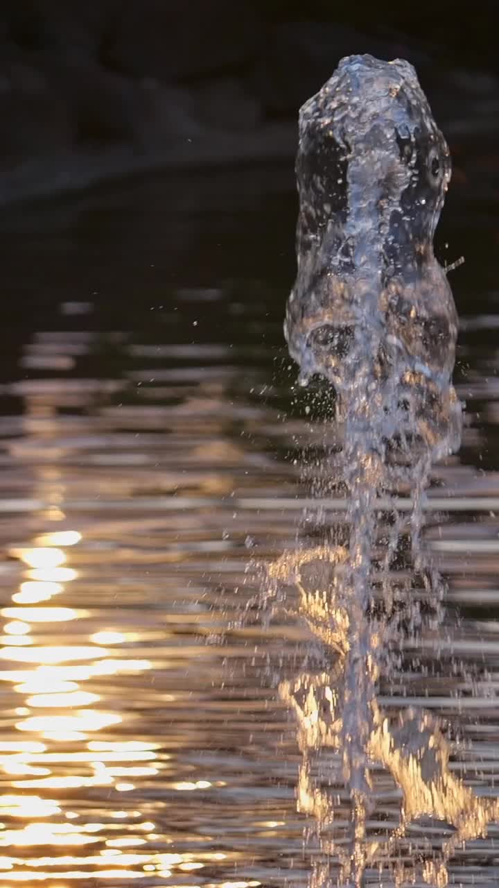 日落时的喷泉，水汇成一条小溪。以潺潺流水为背景的慢动作镜头。视频素材