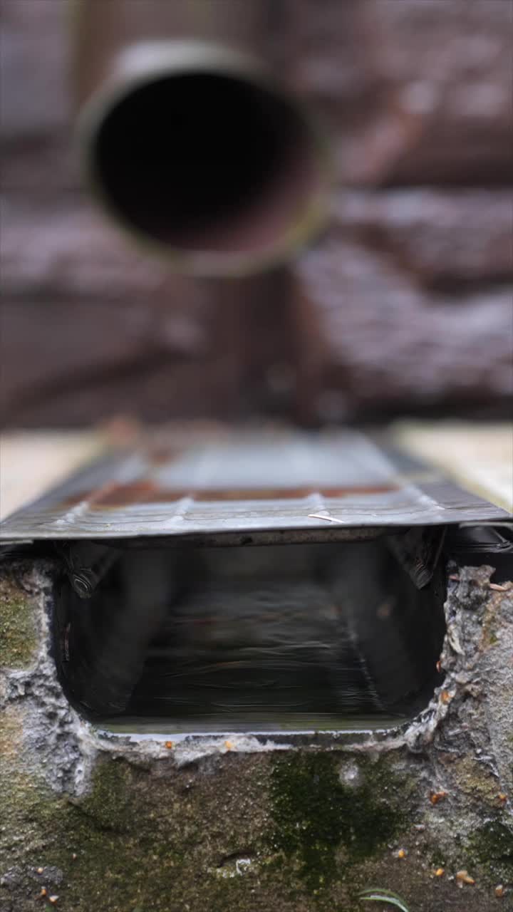 垂直视频特写雨水流入人行道上的格栅视频素材