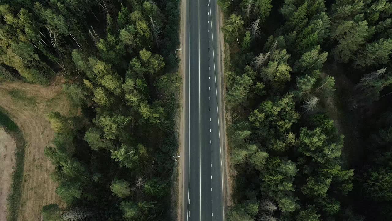 飞过道路，穿过森林和田野视频素材