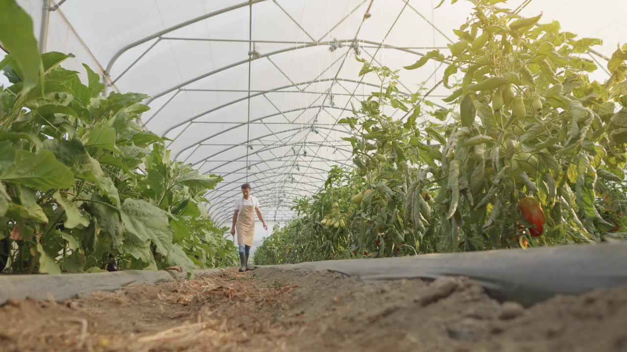 园丁走在温室过道里，检查植物排的广角镜头视频素材