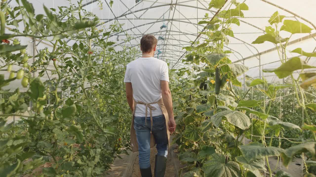 温室工人走在蔬菜排之间的背影跟踪拍摄视频素材