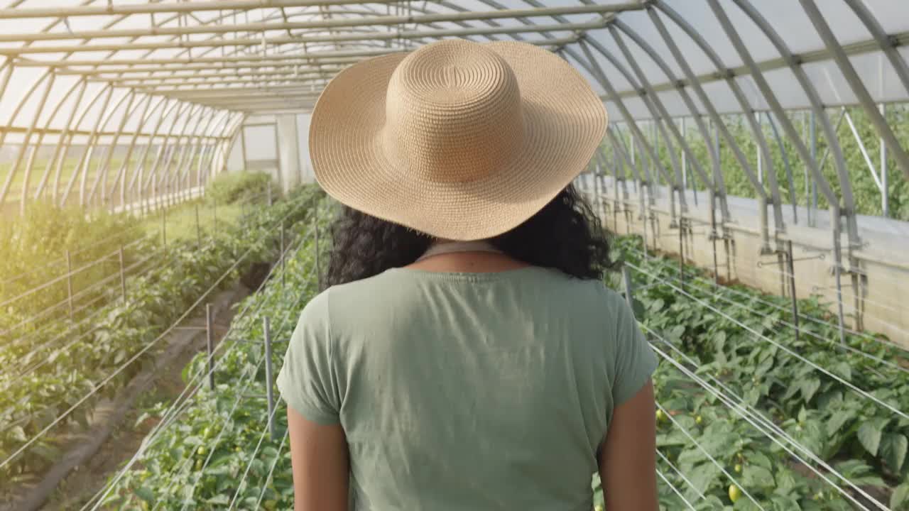 戴草帽的拉丁女人在温室里走，背影跟踪拍摄视频下载