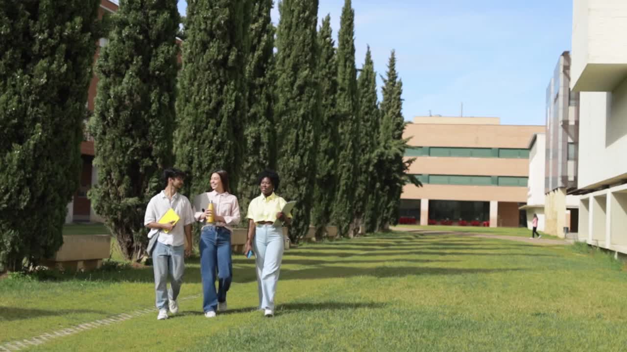 大学生在校园里散步聊天。多民族的朋友。视频素材