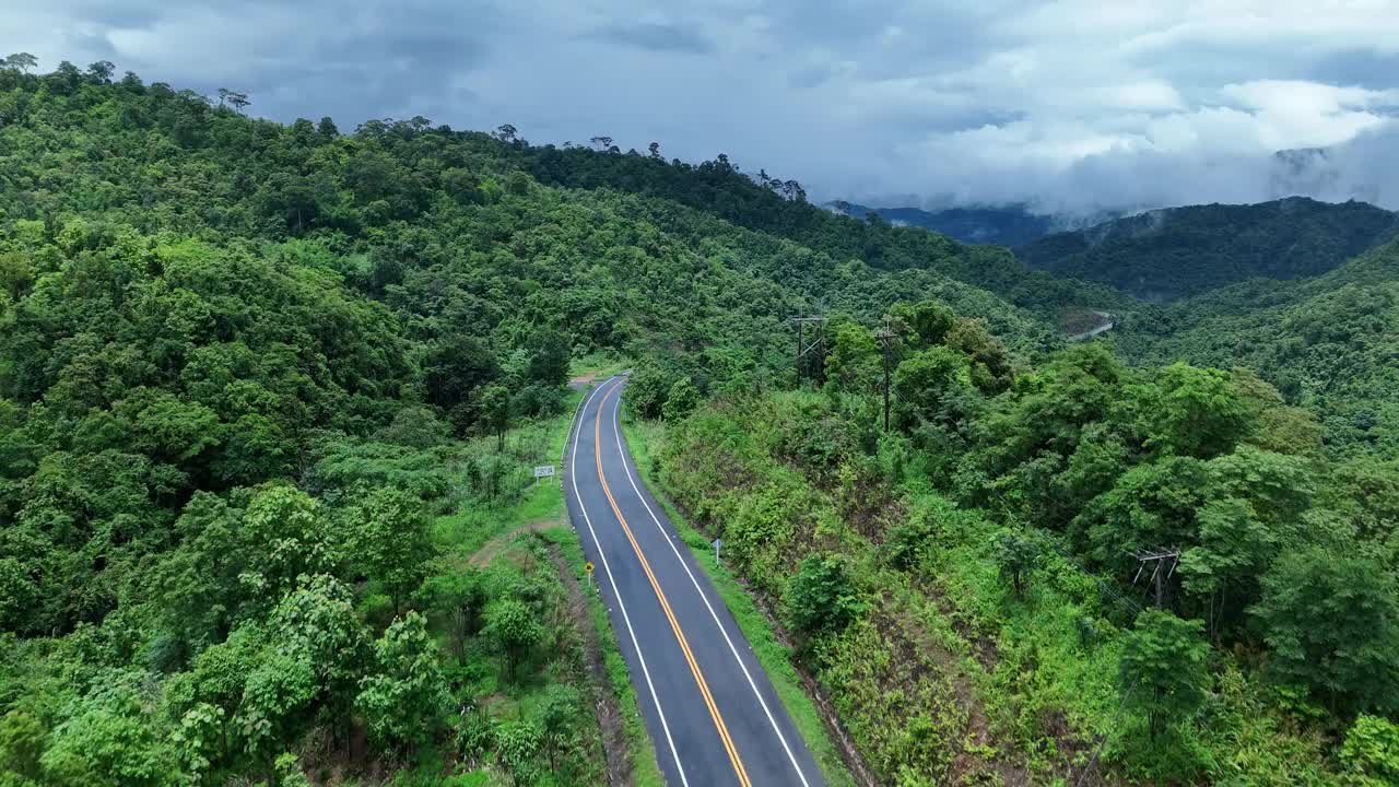 航空物流概念。一条蜿蜒的道路穿过生机勃勃的热带雨林。视频下载