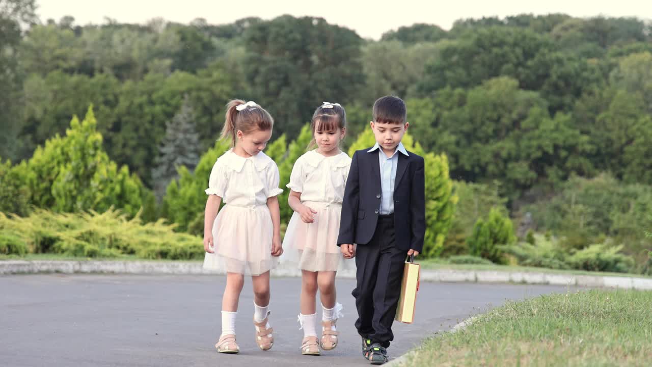 孩子们要去上学了。男孩和两个女孩走在路上。孩子手里拿着一个文件夹。孩子们谈笑风生，匆匆地上着课。视频素材