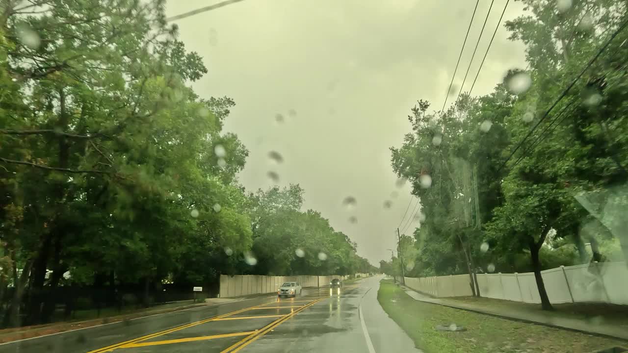 在阴天，描绘了一条街道，潮湿的人行道，建筑物，大雨期间的轻车视频下载