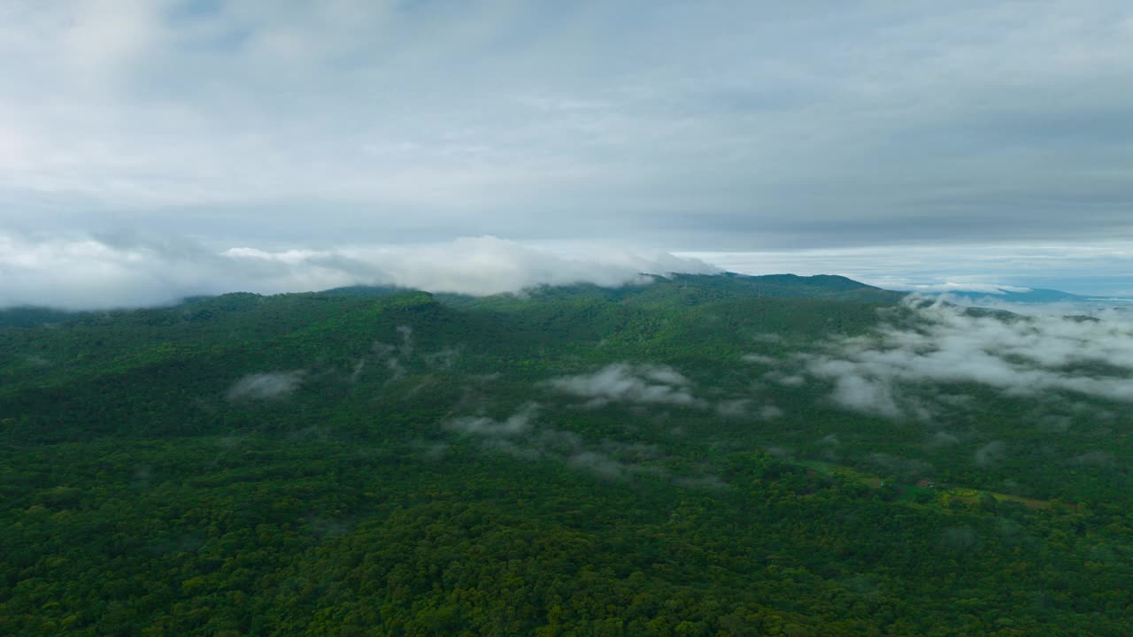 泰国北部美丽风景的鸟瞰图，这是一段4K超延时视频拍摄的，画面上是白色的雾或云在绿色的森林上移动。视频素材