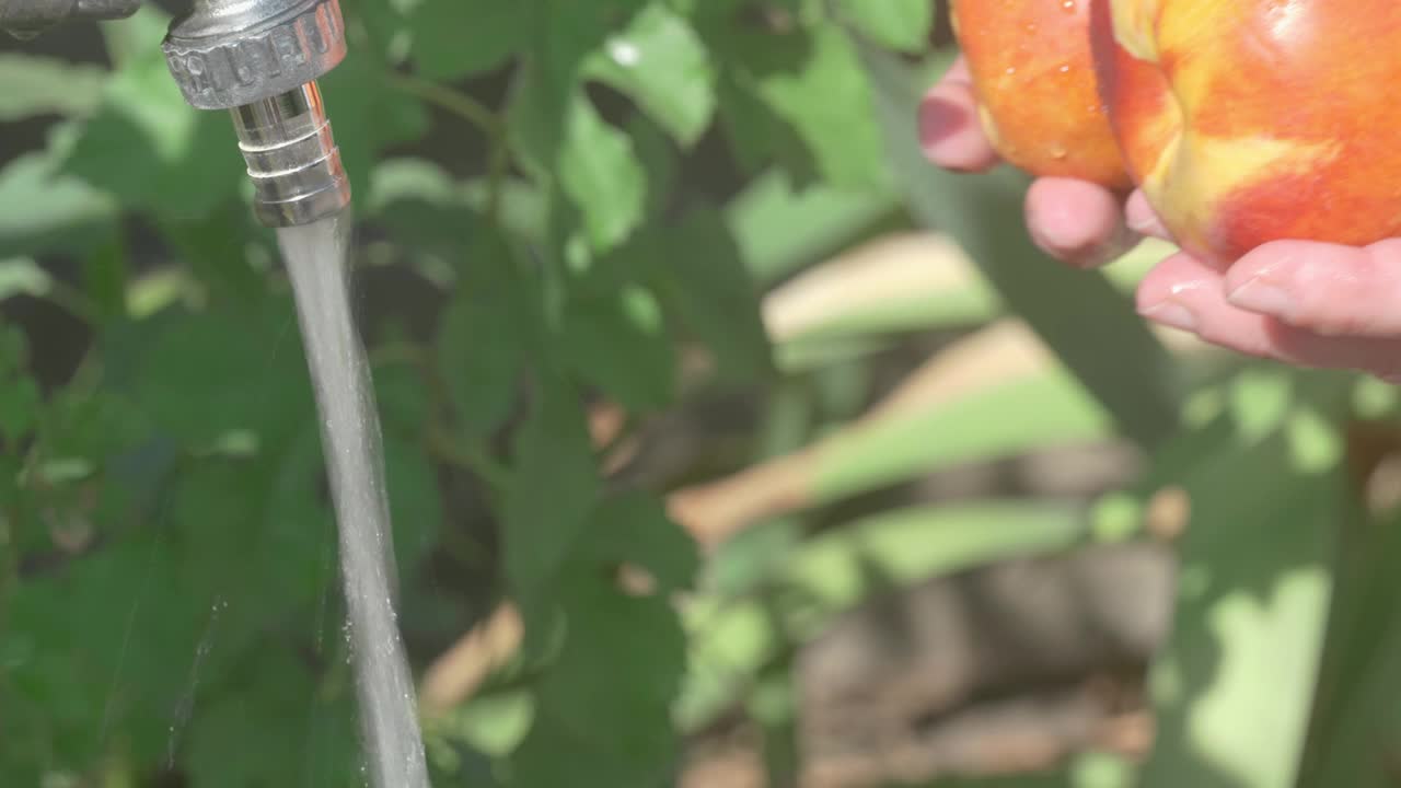 充满活力的苹果在强大的水流下冲洗，突出了食物准备的清洁度视频素材