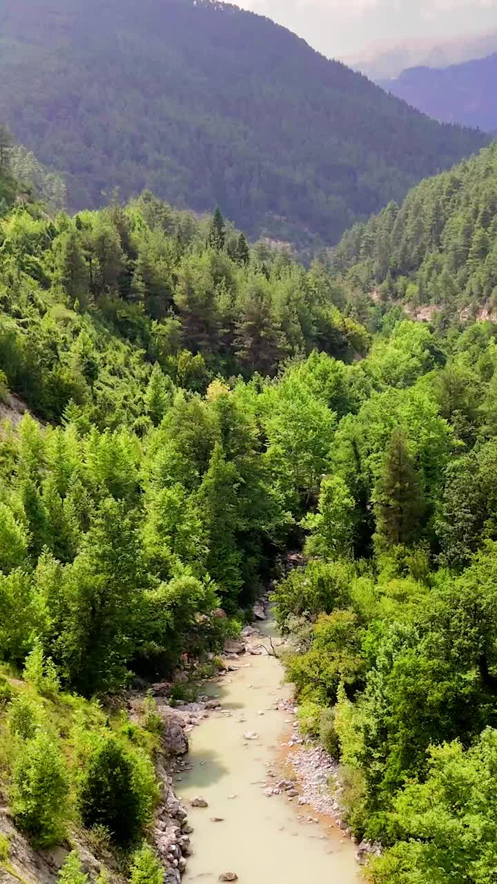 在苍翠的山谷和蜿蜒的河流上进行一次空中冒险，揭示原始的荒野和崎岖的景观视频素材