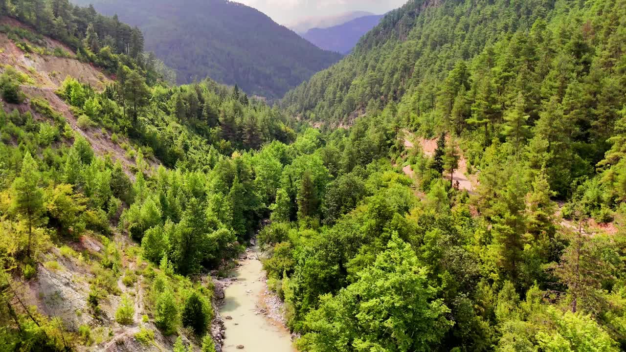 在苍翠的山谷和蜿蜒的河流上进行一次空中冒险，揭示原始的荒野和崎岖的景观视频素材