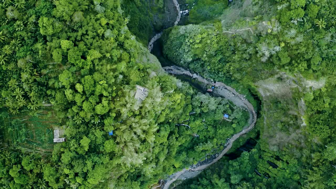 令人叹为观止的鸟瞰图，郁郁葱葱的绿色植物被蜿蜒的河流环绕在自然景观中，Tumpak Sewu瀑布，印度尼西亚视频素材