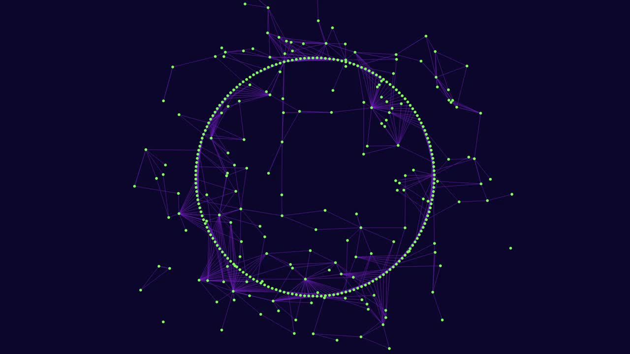 抽象网络圆形复杂的线和点图案在黑暗的背景视频素材