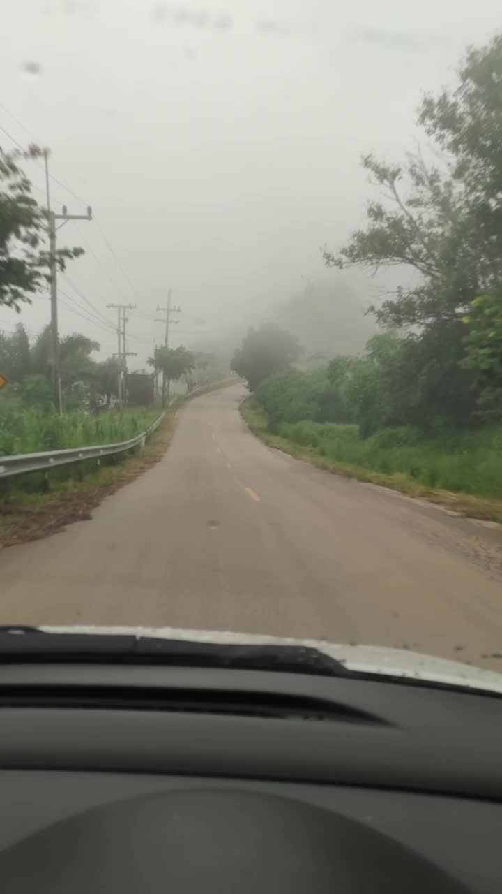 从汽车挡风玻璃上拍摄的一条雾蒙蒙的乡村道路，展示了树木、电线和雾蒙蒙的气氛。视频素材