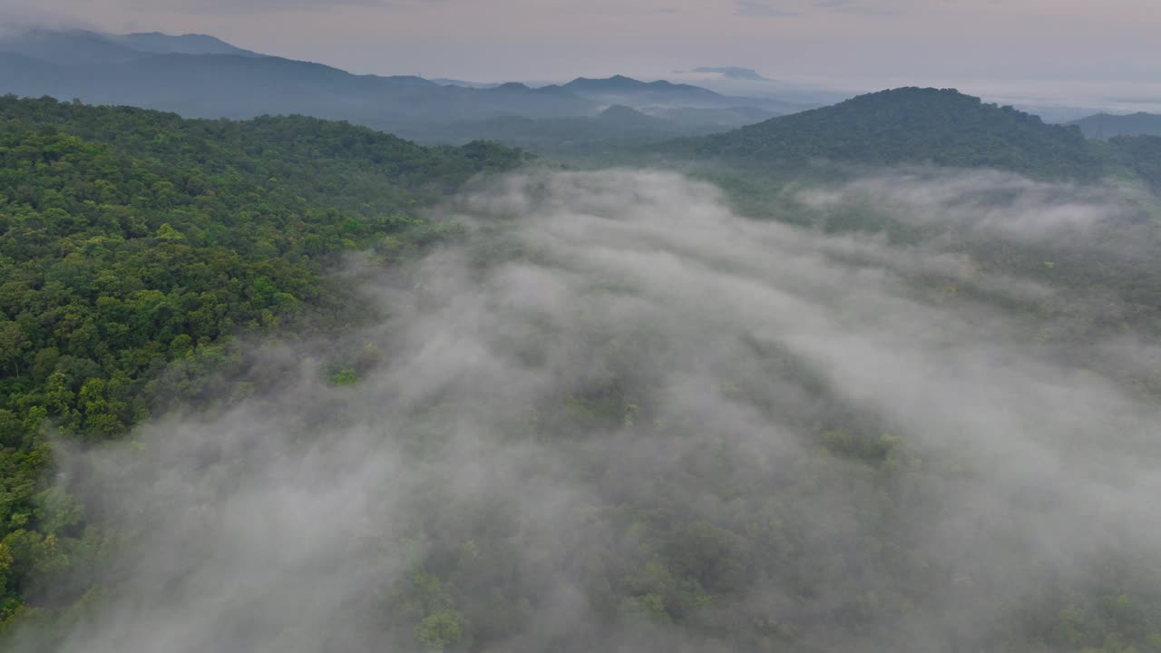 泰国北部美丽风景的鸟瞰图，这是一段4K超延时视频拍摄的，画面上是白色的雾或云在绿色的森林上移动。视频素材