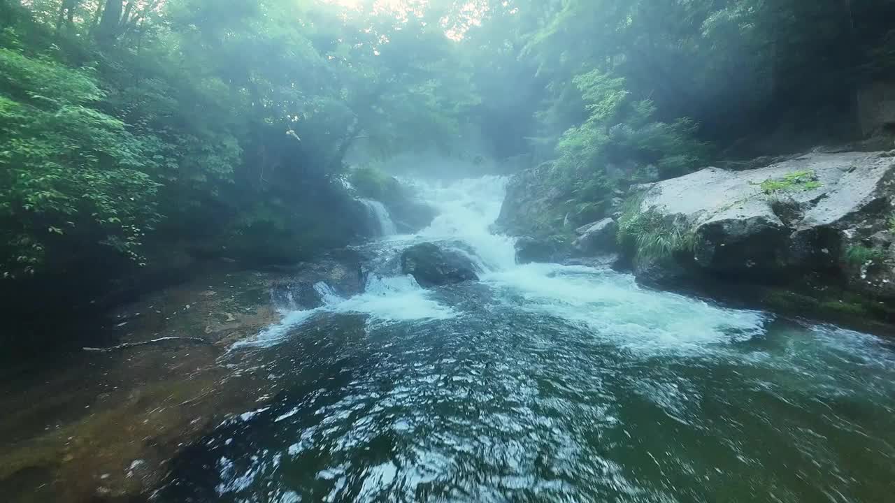 低低的慢动作飞行，在雾蒙蒙的瀑布森林中盘旋视频下载