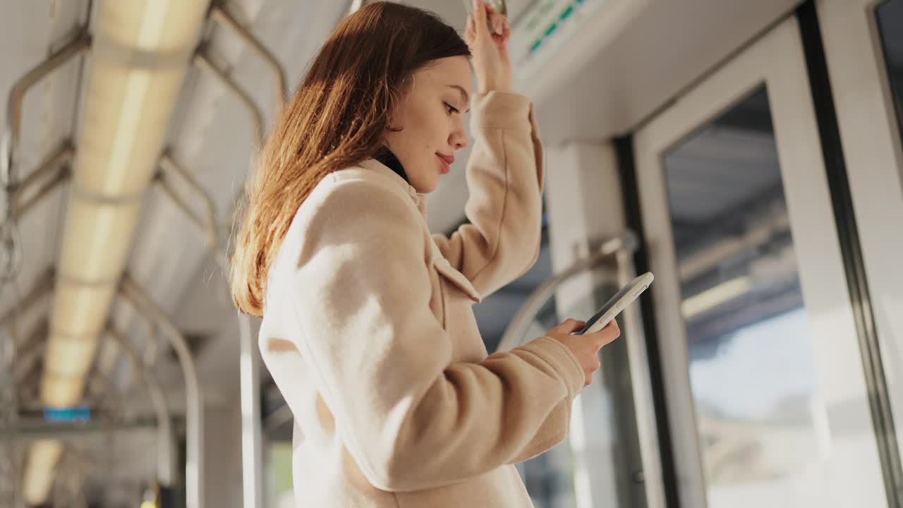 年轻女子在电车里玩手机视频素材