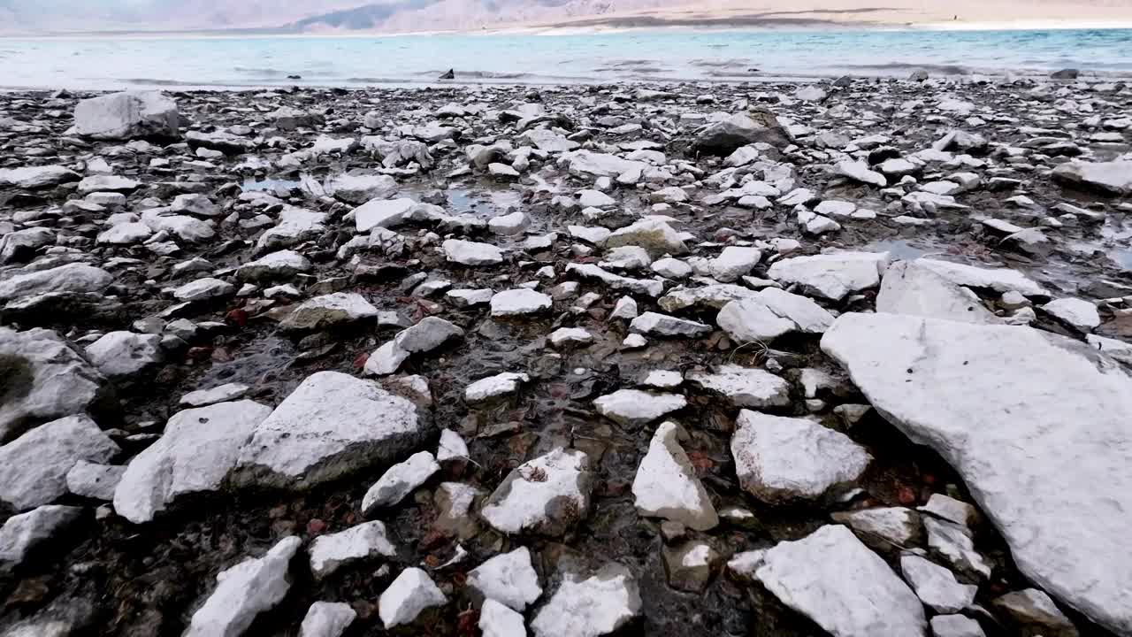 夏季中亚水库的岩石海岸线视频下载