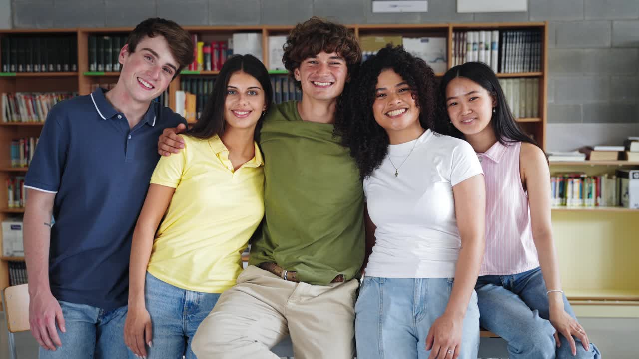 青少年学生朋友在学校图书馆准备开始大学生活的合影视频下载